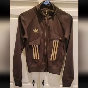 Vintage style Adidas Womens Small Sweat Jacket midriff cut Brown W Gold Logo Zip